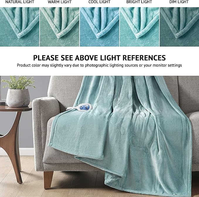 Beautyrest Heated Electric Blanket for Cold Weather, Fast Heating Heated Blanket, Auto Shut Off, Virtually Zero EMF, Multi Heat Setting, UL Certified, Aqua Throw (60 inx70 in)