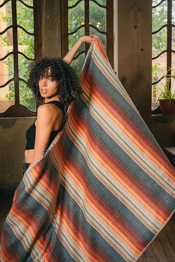 ALPAKITAS Alpaca Wool Blanket Throw | Large, Beautiful, Warm, Stripes | 64 x 45 inches | Ultra-Soft, Hypoallergenic and Breathable | Non-Itchy or Scratchy (Orange and Blue)
