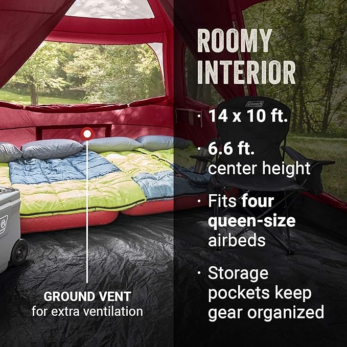 Coleman Skylodge 10-Person Family Tent, Weatherproof XL Tent with Rainfly & Room Divider, Fits 4 Queen-Sized Airbeds, Made of PFAS-Free Materials