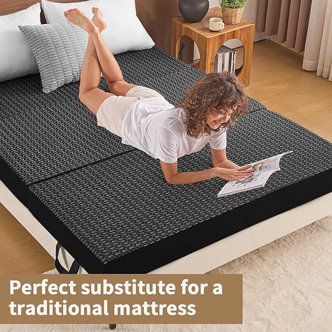 CYMULA Folding Mattress Full Size, 6 inch Memory Foam Tri Portable Murphy Bed and Futon, Full Topper with Breathable & Washable Cover, Foldable Floor Mattress for RV，Guest Beds，Black (52"×73"×6")