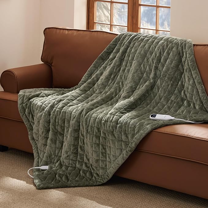 Bedsure Heated Blanket Throw Blanket - Quilted Electric Blanket, Soft Flannel Thick Heating Blanket with 4 Time Settings & 6 Heating Settings, Warm Gifts for Women Men (50x60 inches, Olive Green)