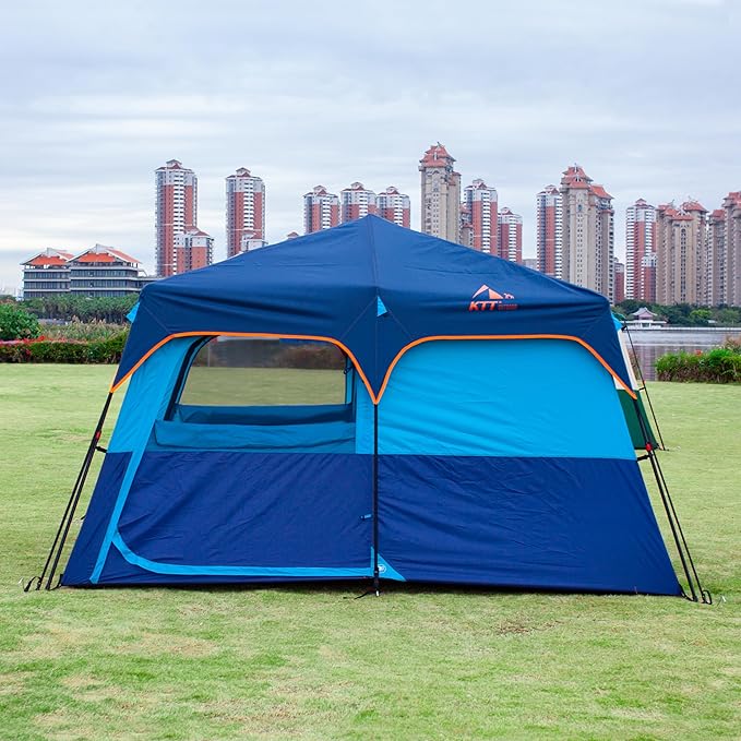KTT Extra Large Tent 6-10-12-14 Person(A),Family Cabin Tents,2 Rooms,3 Doors and 3 Windows with Mesh,Straight Wall,Waterproof,Double Layer,Big Tent for Outdoor,Picnic,Camping,Family Gathering