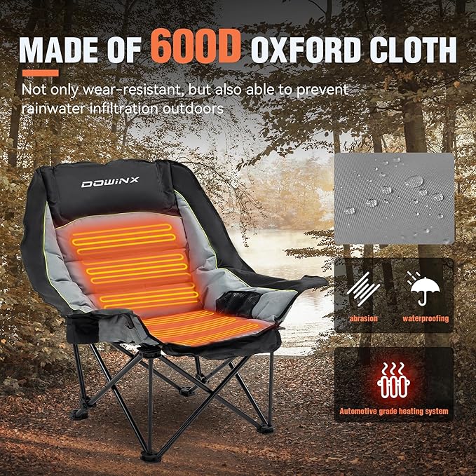 Dowinx Heated Camping Chair for Adults - Oversized Extra Large Folding Chair with Adjustable Padded Seat, Cup Holder, 400 lbs Capacity, Black