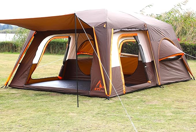 KTT Extra Large Tent 6-10-12-14 Person(Style-B),Family Cabin Tents,2 Rooms,3 Doors and 3 Windows with Mesh,Straight Wall,Waterproof,Double Layer,Big Tent for Outdoor,Picnic,Camping,Family Gathering