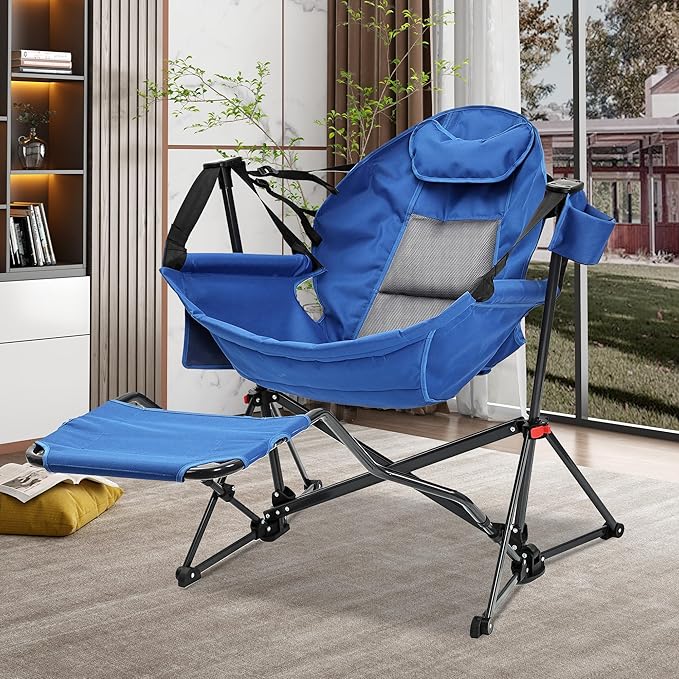 Ainfox Hammock Camping Chair with Footrest, Foldable Portable Rocking Chairs for Adults Outside Swinging Camp with Cup Holder Pillow for Outdoor Patio Poolside (Blue)