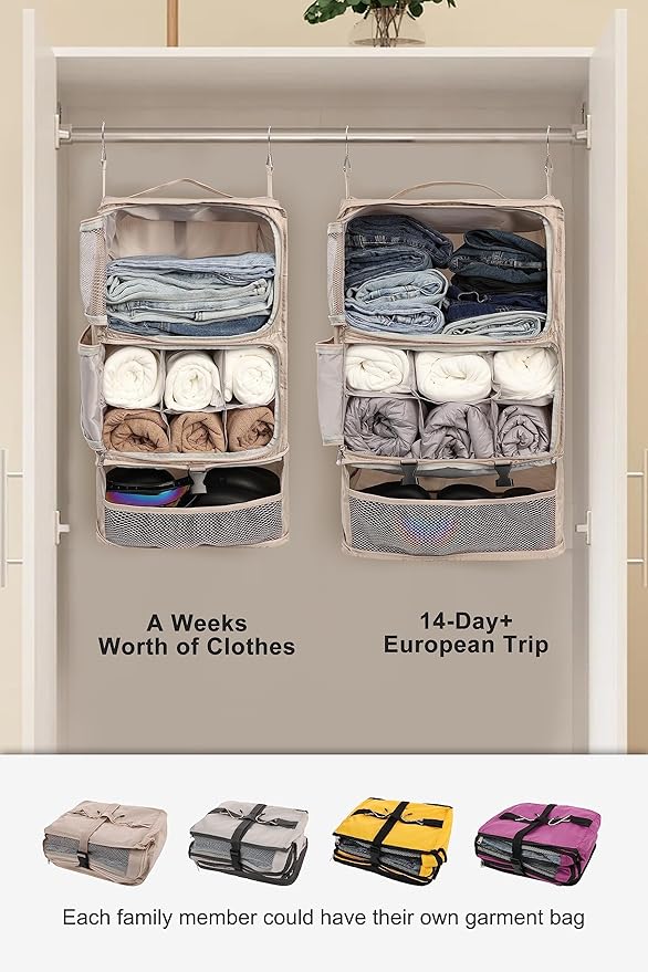 ELEZAY Hanging Packing Cubes Portable Closet 3-Shelf Travel Collapsible Compression Garment Organizer for Carry-on Luggage Suitcase Space Saver Bag XX-Large_No Side Pockets, Beige
