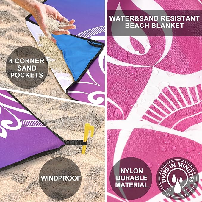 Beach Blanket, Sandproof Beach Mat, Waterproof Quick Drying Lightweight Outdoor Aztec Picnic Mat 79" X 83"/120"x108" for 2-8 Adults for Travel, Camping, Hiking