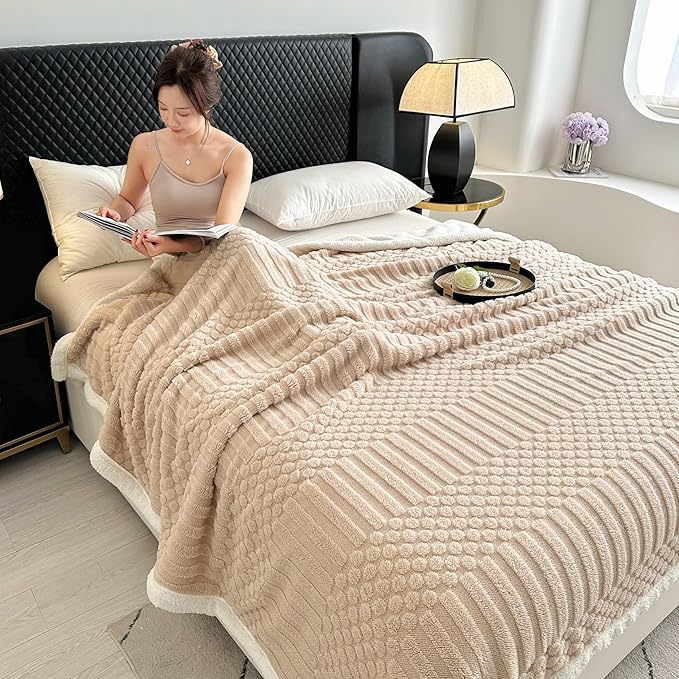 UKELER Sherpa Bed Blanket 80 × 90 inch, Ultra Soft Queen Size Throw Blankets for All Season, Cozy Plush Striped Fleece Blanket for Bedroom Living Room Dorm Hostel Sofa Camping, Blue Grey