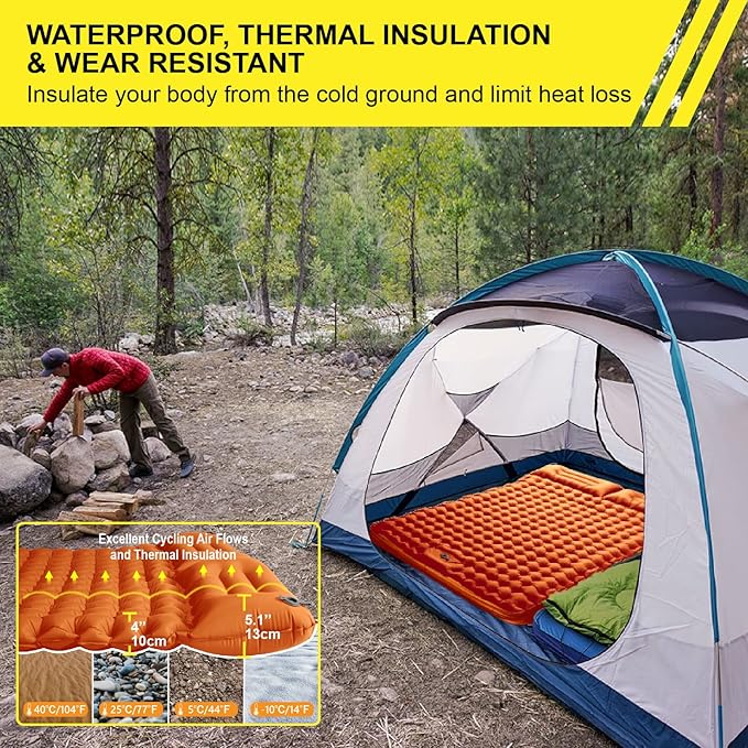 Double Sleeping Pad for Camping Inflatable 2 Person Sleeping Mat with Built-in Pump, Foot Press Ultralight Extra Thick Camping Mat with Pillow for Backpacking, Traveling, Hiking, Durable & Waterproof…