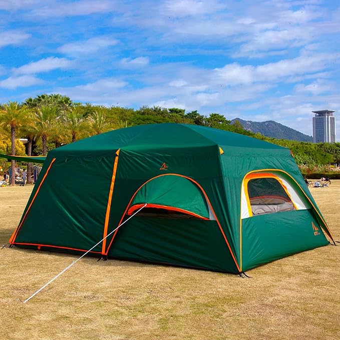KTT Extra Large Tent 6-10-12-14 Person(B),Family Cabin Tents,2 Rooms,3 Doors and 3 Windows with Mesh,Straight Wall,Waterproof,Double Layer,Big Tent for Outdoor,Picnic,Camping,Family Gathering