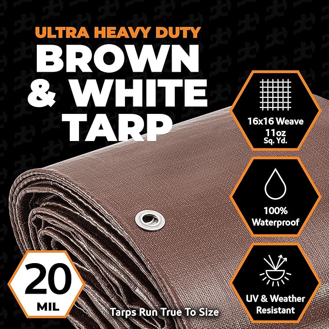 30' x 50' Brown/White Ultra Heavy Duty Tarp - 20 Mil Waterproof Cover for Rain Camping, Tent, UV Protection - Extra Large Outdoor Tarp With Reinforced Corners