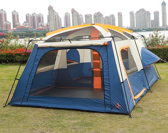 KTT Extra Large Tent 6-10-12-14 Person(B),Family Cabin Tents,2 Rooms,3 Doors and 3 Windows with Mesh,Straight Wall,Waterproof,Double Layer,Big Tent for Outdoor,Picnic,Camping,Family Gathering