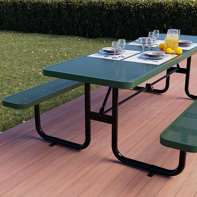 Metal Picnic Furniture for Outdoors with Umbrella Hole - Coated Steel Heavy Duty Commercial Grade Table with Adjustable Seats, Patio Set for a Lifetime (Green, 8' Rectangular, Punched Steel)