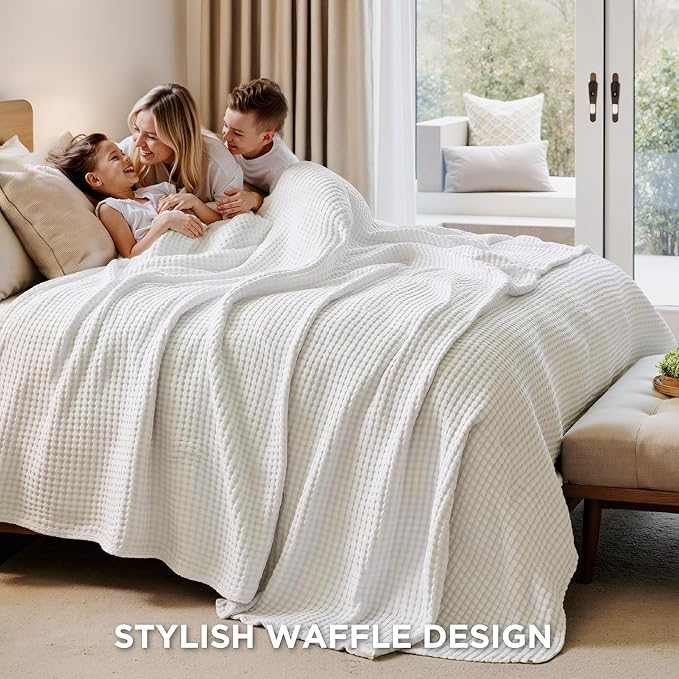 Bedsure Cooling Cotton Waffle Queen Size Blanket - Lightweight Breathable Summer Soft Blanket of Rayon Derived from Bamboo for Hot Sleepers, Luxury Throws for Bed, Couch and Sofa, Ivory, 90x90 Inches