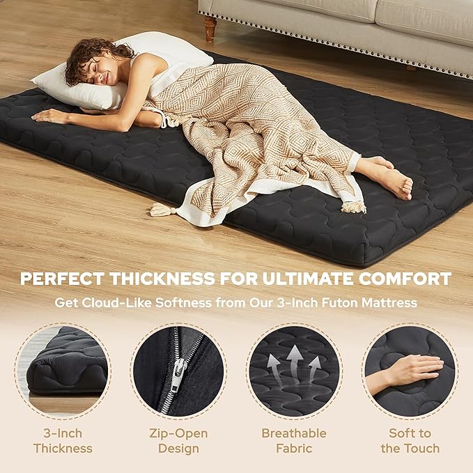 Japanese Floor Mattress, Futon Mattress Queen Size 3" Thick Portable Sleeping Pad with High Density Foam, Foldable & Comfortable Tatami Mat for Adult, Roll Up Lounger Camping Bed, Gray