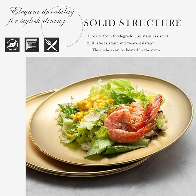 Stainless Steel Plates Metal 18/8 Round Dinner Plates - Set of 4 - Food-Grade Dishwasher Safe 9inch Salad Plates for Camping Kids Dining Outdoor (Silver)