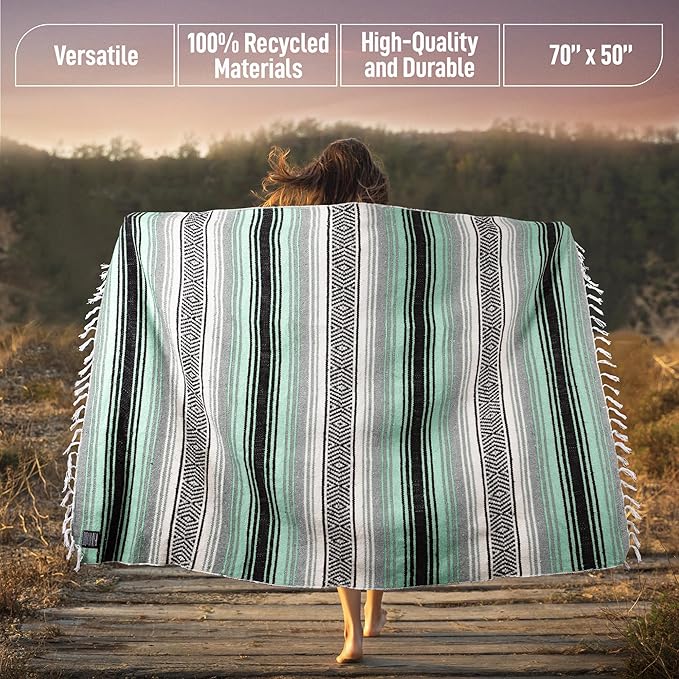 Hydration Nation Authentic Extra Large Mexican Blanket (70"x50") - Handwoven Yoga, Serape- Artisanal Falsa, Beach, Camping, Picnic, Outdoor (Aqua Green)