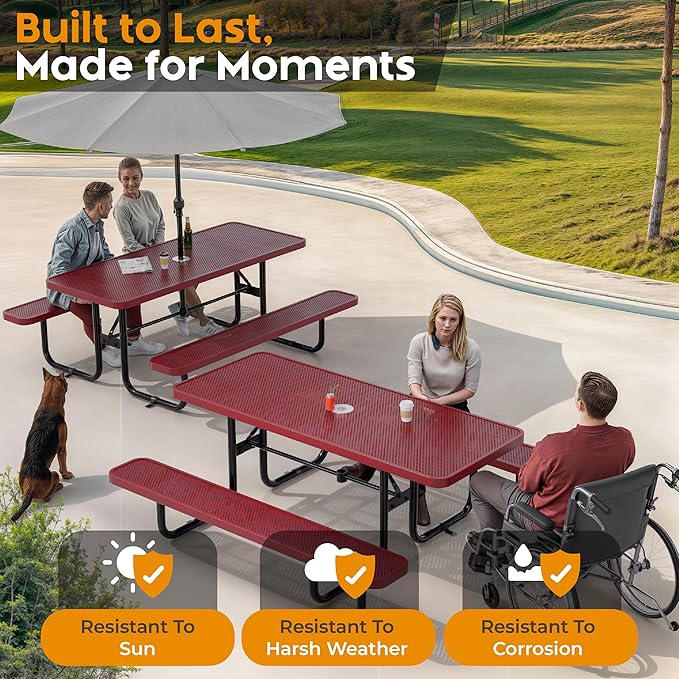 Metal Picnic Furniture for Outdoors with Umbrella Hole - Coated Steel Heavy Duty Commercial Grade Table with Adjustable Seats, Patio Set for a Lifetime (Red, 6' Rectangular, Punched Steel)