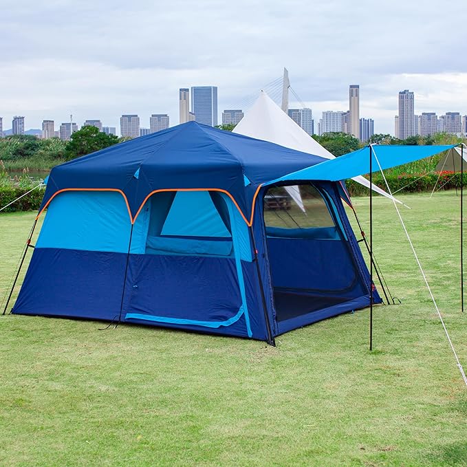 KTT Extra Large Tent 6-10-12-14 Person(A),Family Cabin Tents,2 Rooms,3 Doors and 3 Windows with Mesh,Straight Wall,Waterproof,Double Layer,Big Tent for Outdoor,Picnic,Camping,Family Gathering
