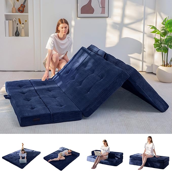 MAXYOYO Folding Mattress, 4 Inch Tufted Foldable Mattress Full Foam Bed, Tri-Fold Floor Couch with Handles Guest Bed Topper Portable Camping Mat with Corded Fabric, Queen Size, Navy