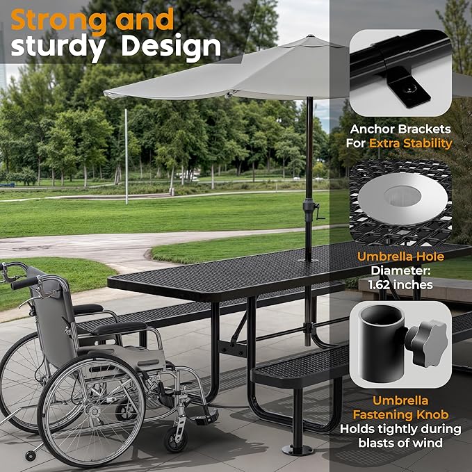 Metal Picnic Furniture for Outdoors with Umbrella Hole - Coated Steel Heavy Duty Commercial Grade Table with Adjustable Seats, Patio Set for a Lifetime (Black, 8' Rectangular)