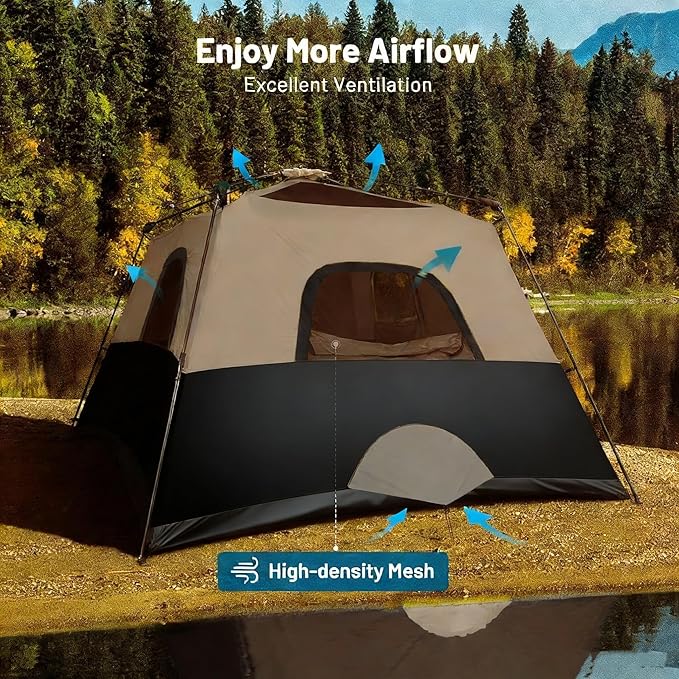 3/4 Person Camping Tent with 1 Door, 4 Windows, and Upgraded Ventilation– Instant Setup, Waterproof, 8'x 8'x 67''Oxford Fabric Floor Pop Up in 60 Seconds Includes Rainfly and Backpack