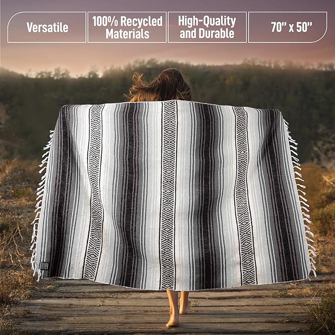 Hydration Nation Authentic Extra Large Mexican Blanket (70"x50") - Handwoven Yoga, Serape- Artisanal Falsa, Beach, Camping, Picnic, Outdoor(Gray)