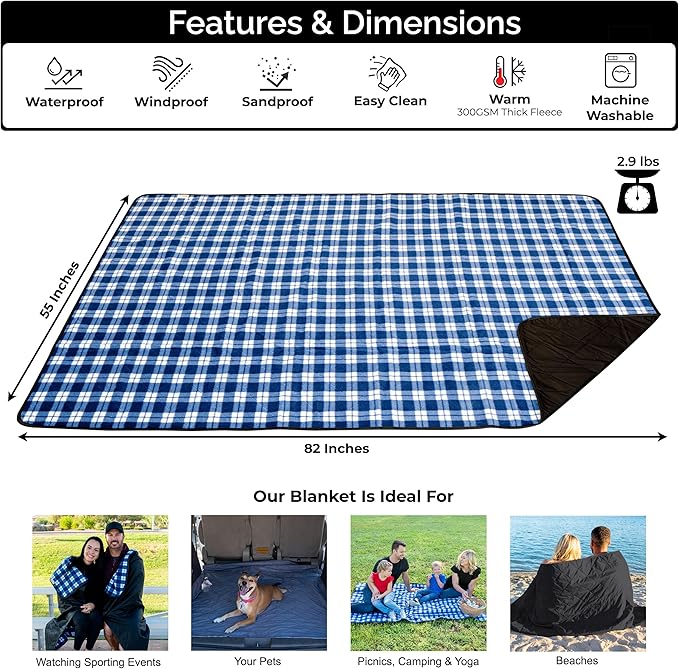 BRAWNTIDE Large Outdoor Waterproof Blanket - Extra Thick Fleece, Warm, Windproof, Sandproof, Quilted, 82" x 55", Ideal for Beaches, Picnics, Camping, Stadiums, Dogs, Car