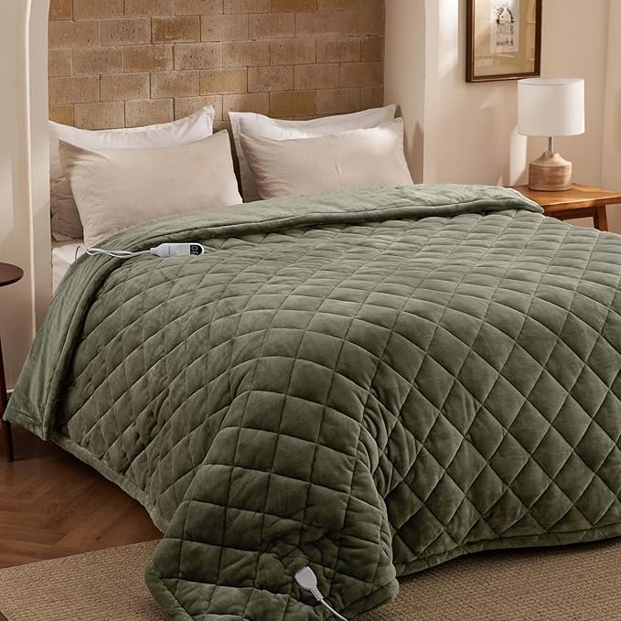 Bedsure Electric Blanket Full Size - Quilted Heated Blanket Full, Soft Flannel Thick Heating Blanket with 10 Time Settings & 6 Heat Settings, Warm Gifts for Women Men (72x84 inches, Olive Green)
