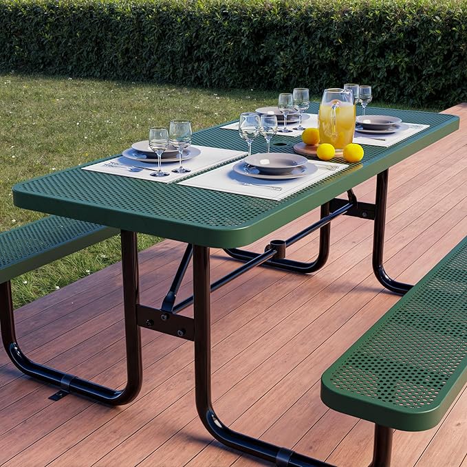 Metal Picnic Furniture for Outdoors with Umbrella Hole - Coated Steel Heavy Duty Commercial Grade Table with Adjustable Seats, Patio Set for a Lifetime (Green, 6' Rectangular, Punched Steel)