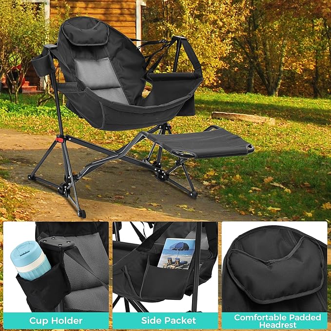 Ainfox Hammock Camping Chair with Footrest, Foldable Portable Rocking Chairs for Adults Outside Swinging Camp with Cup Holder Pillow for Outdoor Patio Poolside (Black)
