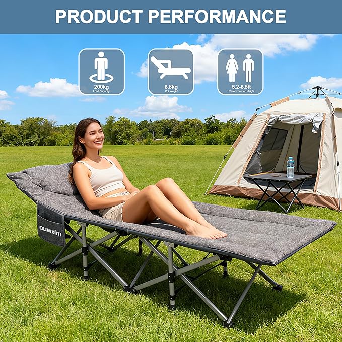 Camping cots for Adults, Portable Folding Bed with Mattress and Pillow, High Weight Capacity, Compact Storage (Dark Gray)