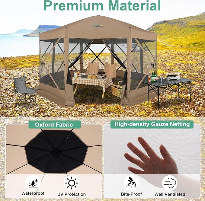 COBIZI 15x15 FT Pop Up Gazebo - Canopy Tent, Large Gazebos On Clearance,Instant Screened in Gazebo,carpas para Patio,Portable Screen Tents for 12-15 Persons Outdoor Camping, Backyard,Khaki
