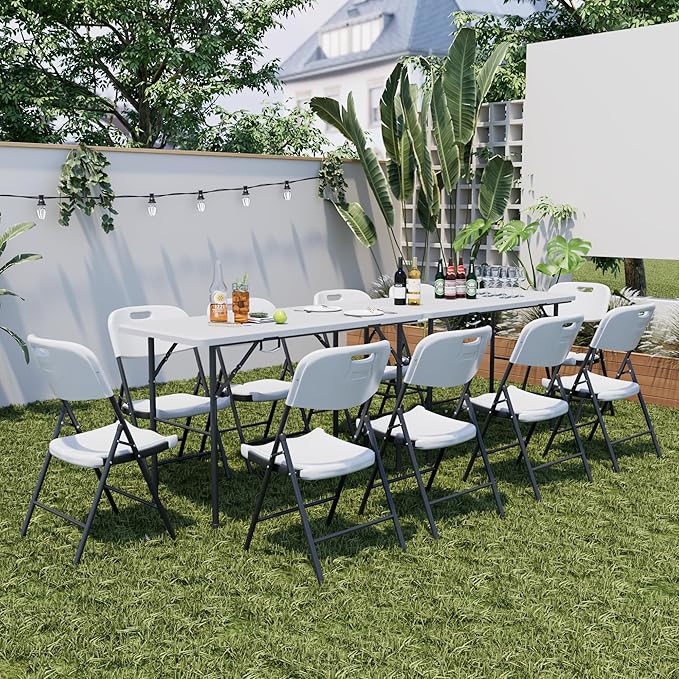 VECELO Folding Table 4 Foot with Mesh Bag, Indoor Outdoor Heavy-Duty Portable w/Handle,Fold-in-Half for Picnic, Party, Camping, White