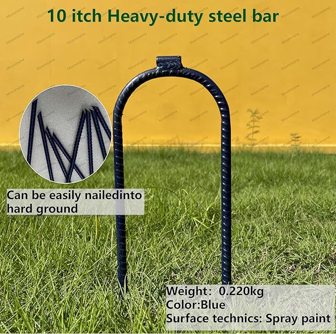 Moonmama Ground Stakes Steel Rebar Stakes Tents Nails Heavy Duty Garden Stake Ground Anchor Pegs U Shaped Metal Fences Stake for Trampolines Camping Canopies Sheds Swing Sets, 10inch 10ge