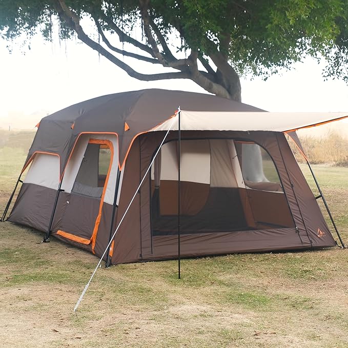 KTT Extra Large Tent 6-10-12-14 Person(Style-B),Family Cabin Tents,2 Rooms,3 Doors and 3 Windows with Mesh,Straight Wall,Waterproof,Double Layer,Big Tent for Outdoor,Picnic,Camping,Family Gathering