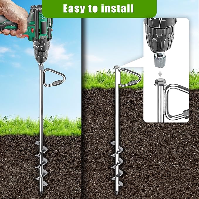 14" Ground Anchors with Chrome-Plated, Heavy-Duty for Trampolines, Tents, Mobile Homes, Swing Sets, Carports and Sheds with Reinforced Triangular Bracket for High Wind Resistance (4 Pack)
