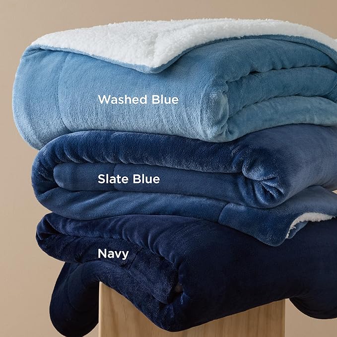 Bedsure GentleSoft Sherpa Fleece Blankets Queen Size for Bed - Thick and Warm, Soft Fuzzy Plush Queen Blanket for Winter, Slate Blue, 90x90 Inches