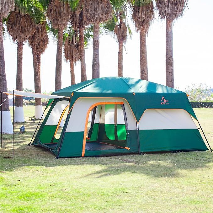KTT Extra Large Tent 6-10-12-14 Person(B),Family Cabin Tents,2 Rooms,3 Doors and 3 Windows with Mesh,Straight Wall,Waterproof,Double Layer,Big Tent for Outdoor,Picnic,Camping,Family Gathering