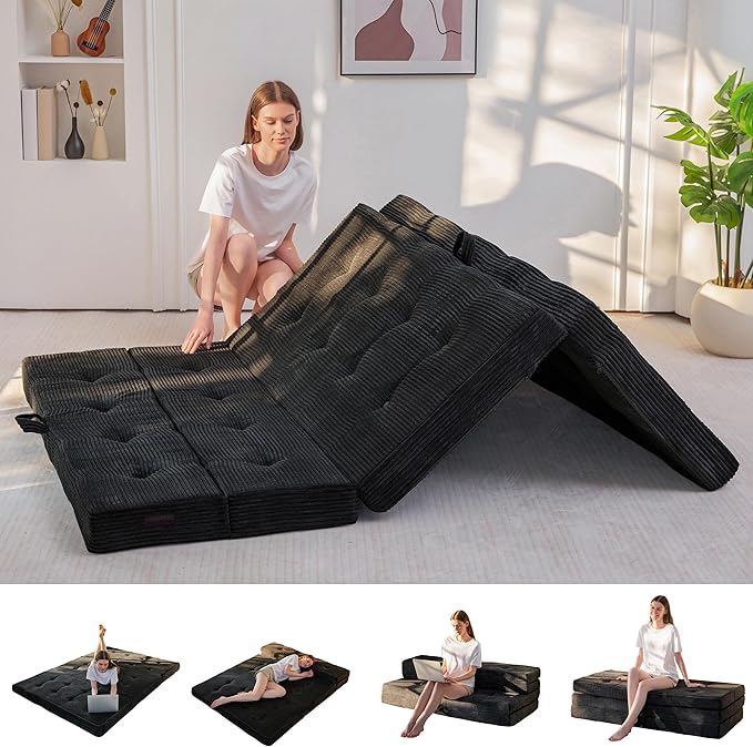 MAXYOYO Folding Mattress, 4 Inch Tufted Foldable Mattress Full Foam Bed, Tri-Fold Floor Couch with Handles Guest Bed Topper Portable Camping Mat with Corded Fabric, Queen Size, Black