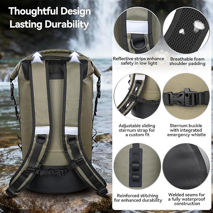 MARCHWAY Floating Roll Top Dry Bag, Flexible Lightweight TPU Waterproof Backpack 20L/30L/40L with Padded Straps for Boating, Kayaking, Swimming, Hiking, Beach (Green, 20L)
