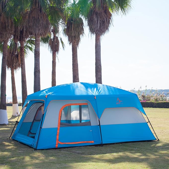 KTT Extra Large Tent 6-10-12-14 Person(B),Family Cabin Tents,2 Rooms,3 Doors and 3 Windows with Mesh,Straight Wall,Waterproof,Double Layer,Big Tent for Outdoor,Picnic,Camping,Family Gathering