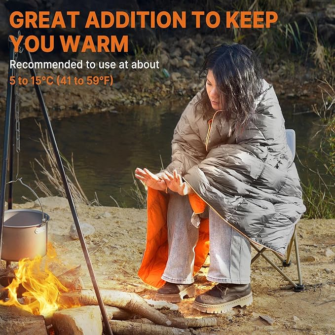 Down Puffy Blanket for 2 Person Car Camping Outdoor Travel Backpacking, 80% Duck Down & 20% Feather Lightweight Portable Soft Warm Cozy Camping Blanket Quilt, Light Gray