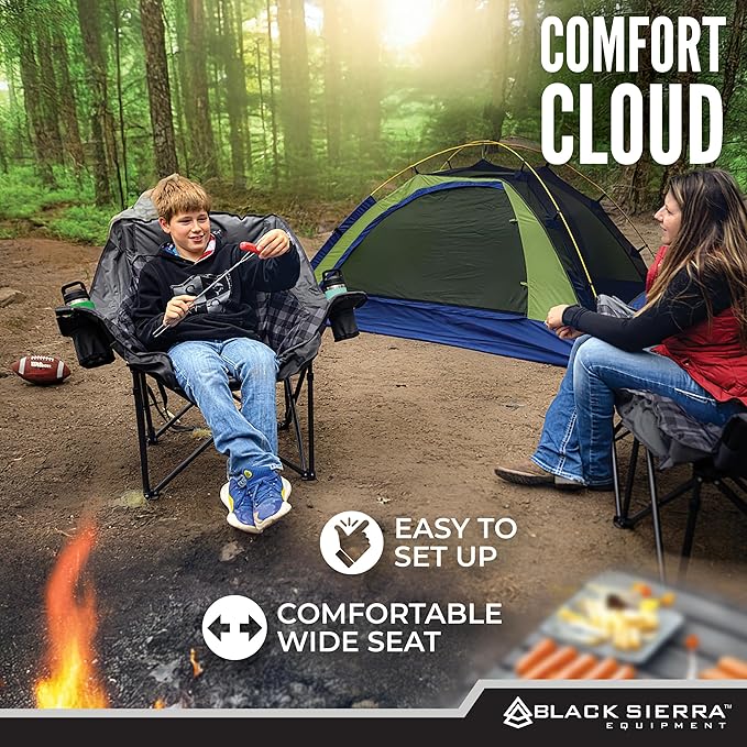 Black Sierra Oversized Camping Chair for Adults, Heavy Duty Outdoor Seat with Plush Padding, Supports 400lbs, Cup Holder & Carry Bag, Comfortable Folding Chair for Tailgating, Patio, & Sideline Events