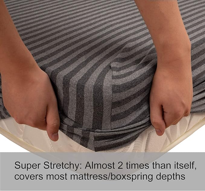 Full Size Fitted Sheet Only - 4-Way Stretch Jersey Knit, T-Shirt Feeling & Ultra Soft, Wrinkle Free, Non-Slip & Snug Fit for Mattress (Deep: 5"-16") - Gray & Black, Full