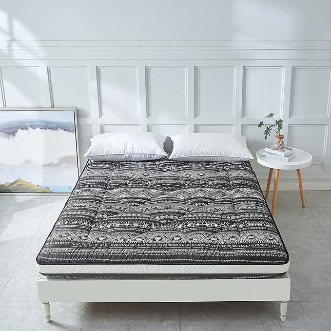 Japanese Floor Futon Mattress - Thicken Sleeping Foldable & Portable Roll up Camping Mattress, Bohemia Black Twin