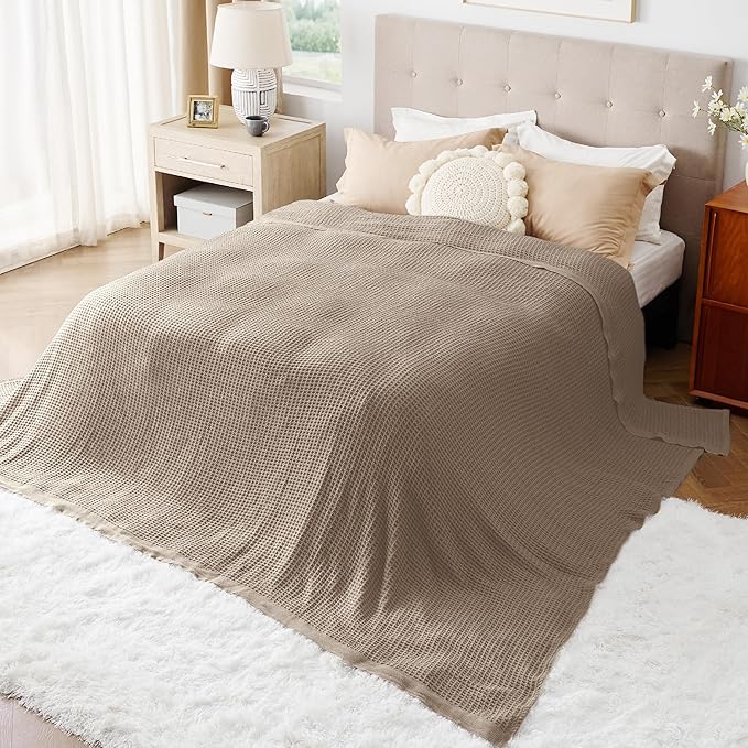 Bedsure Gentlesoft 100% Cotton Large Blanket Oversized King for Bed - Breathable Thick Waffle Weave Blanket for Summer, Couch Cover, Taupe, 120x94 inches