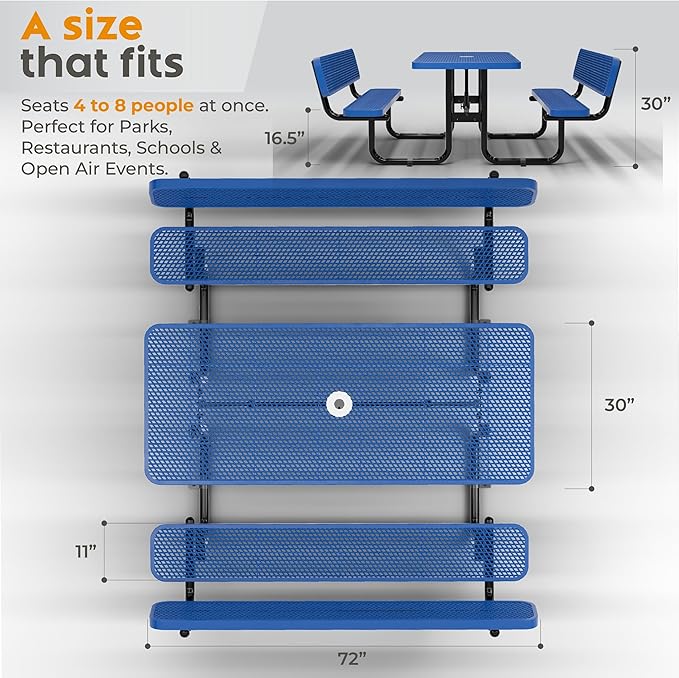 Metal Picnic Furniture for Outdoors with Umbrella Hole - Coated Steel Heavy Duty Commercial Grade Table with Adjustable Seats, Patio Set for a Lifetime (Blue, 6' Rectangular with Back)