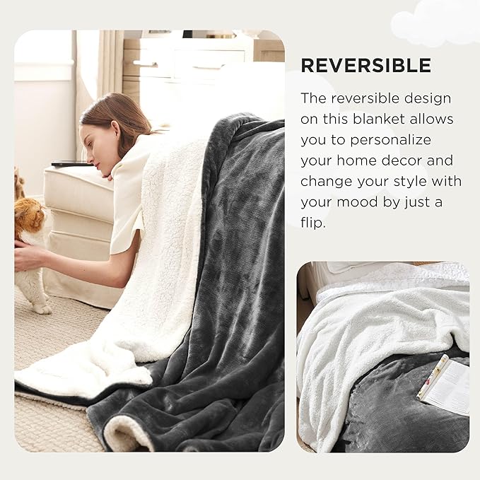 Bedsure GentleSoft Sherpa Fleece Oversized Cal King Blankets for Bed - Thick and Warm, Soft Fuzzy Plush Large Blanket for Winter, Charcoal, 112x98 Inches