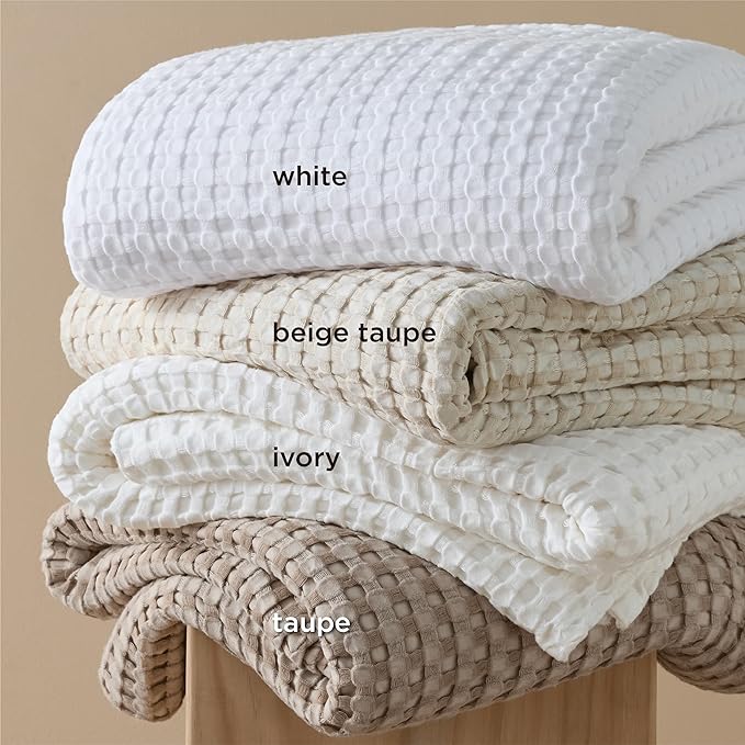 Bedsure Cooling Cotton Waffle Queen Size Blanket - Lightweight Breathable Summer Soft Blanket of Rayon Derived from Bamboo for Hot Sleepers, Luxury Throws for Bed, Couch and Sofa, Ivory, 90x90 Inches
